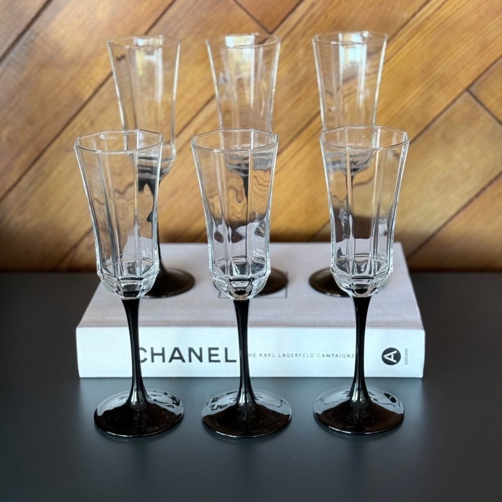 Luminarc France Octime Champagne Flutes Set of 6 Black Stem Post Modern Barware